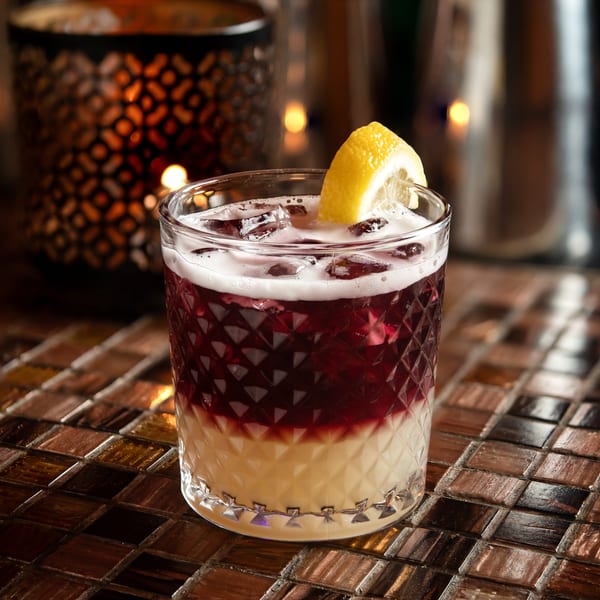 A layered cocktail with a white base, red top, ice, and lemon wedge on a tiled bar.