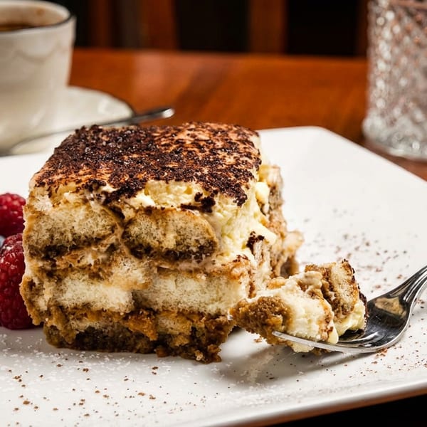 A slice of tiramisu with berries and a fork on a white plate, with coffee in the background.