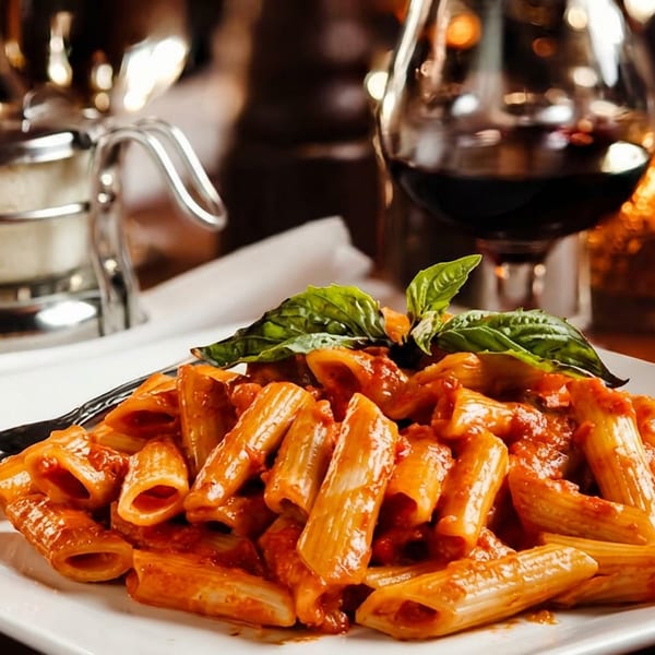 Penne pasta with red sauce and basil, with wine and olive oil in the background.