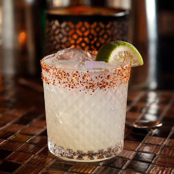 A chili-rimmed margarita with ice and a lime wedge sits on a tiled bar.