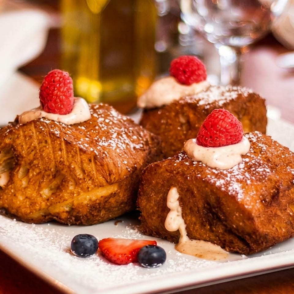 Three golden-brown French toast pieces topped with whipped cream, raspberries, powdered sugar, and berries.