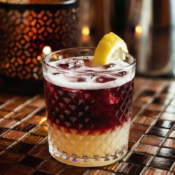 A layered cocktail with yellow and red liquids, topped with foam, ice, and a lemon wedge.
