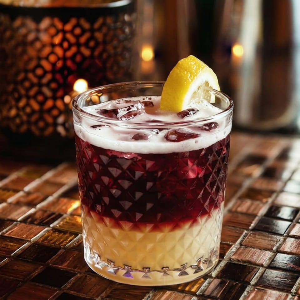 A layered cocktail with yellow and red liquids, topped with foam and a lemon slice, on a tiled bar.