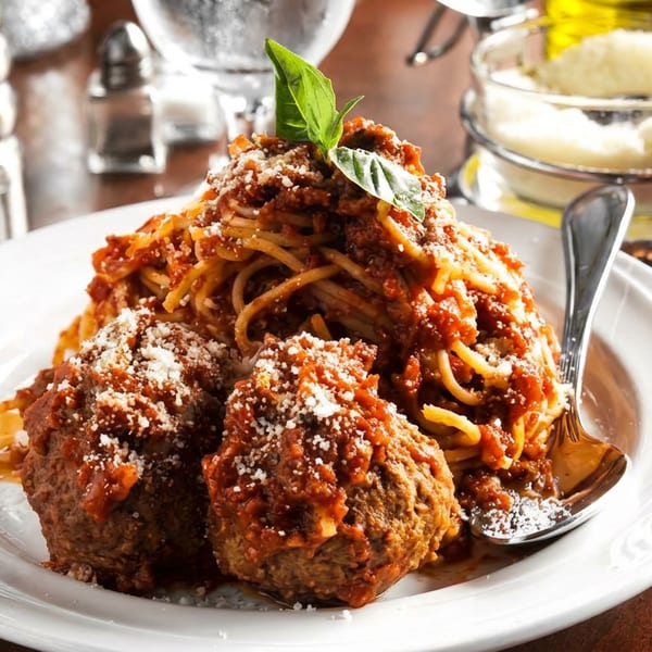 A plate of spaghetti and meatballs with marinara sauce, parmesan cheese, and a basil leaf.