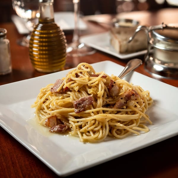 Mama Mia 44SW's spaghetti carbonara with bacon on a white plate, with olive oil and bread in the background.