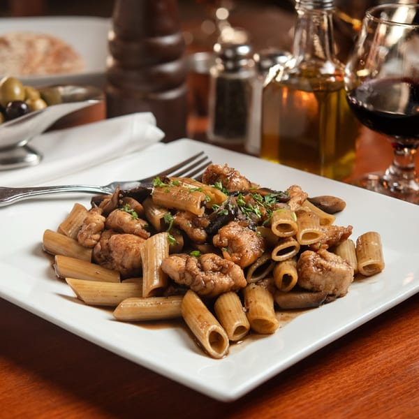 Mama Mia 44SW's penne pasta with chicken and mushrooms, garnished with parsley, on a white plate.