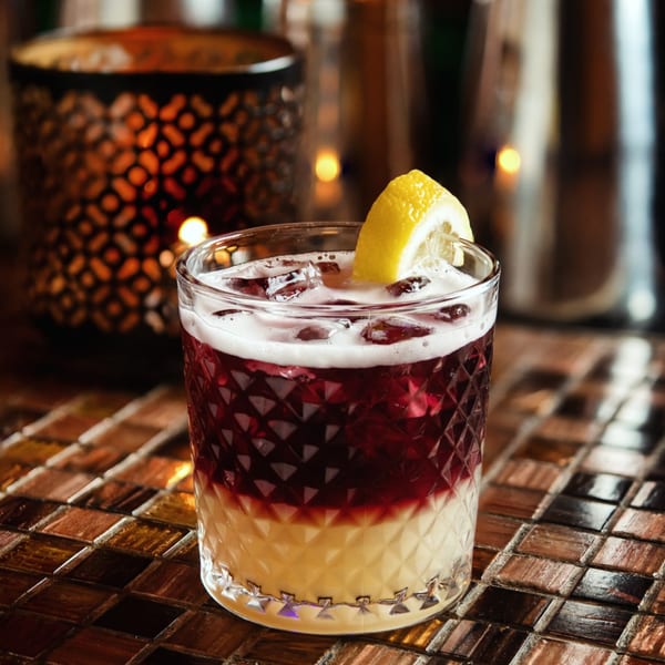 A layered cocktail with red and cream colors, garnished with a lemon slice, on a tiled bar.